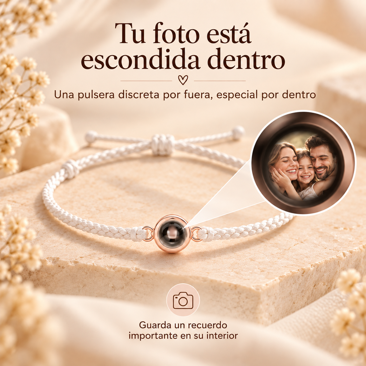 Detalle de la foto oculta dentro de la pulsera personalizada
