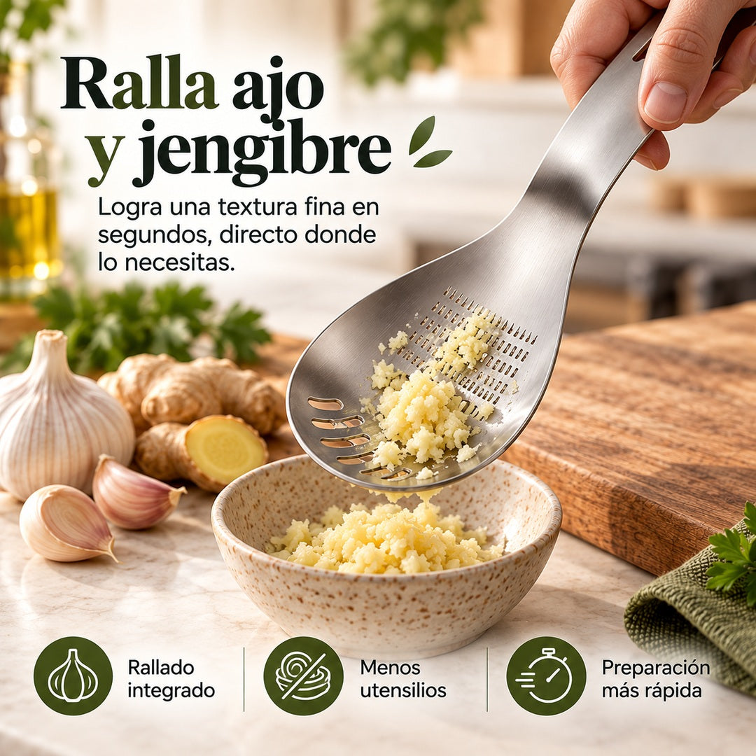Cuchara multifunción rallando ajo y jengibre