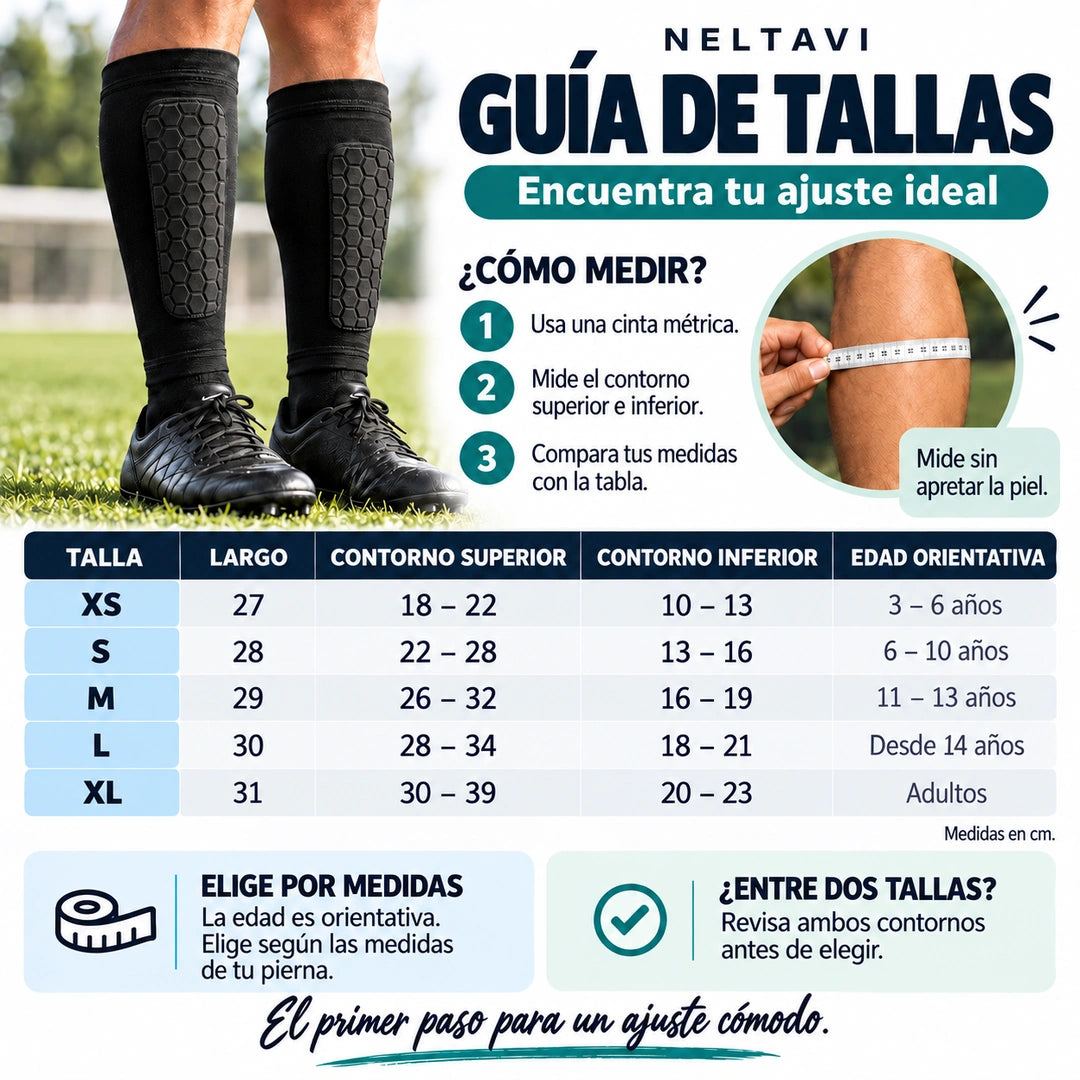 Guía de tallas NELTAVI: XS, S, M, L y XL, medidas en centímetros y edad orientativa. Elige según las medidas de tu pierna.