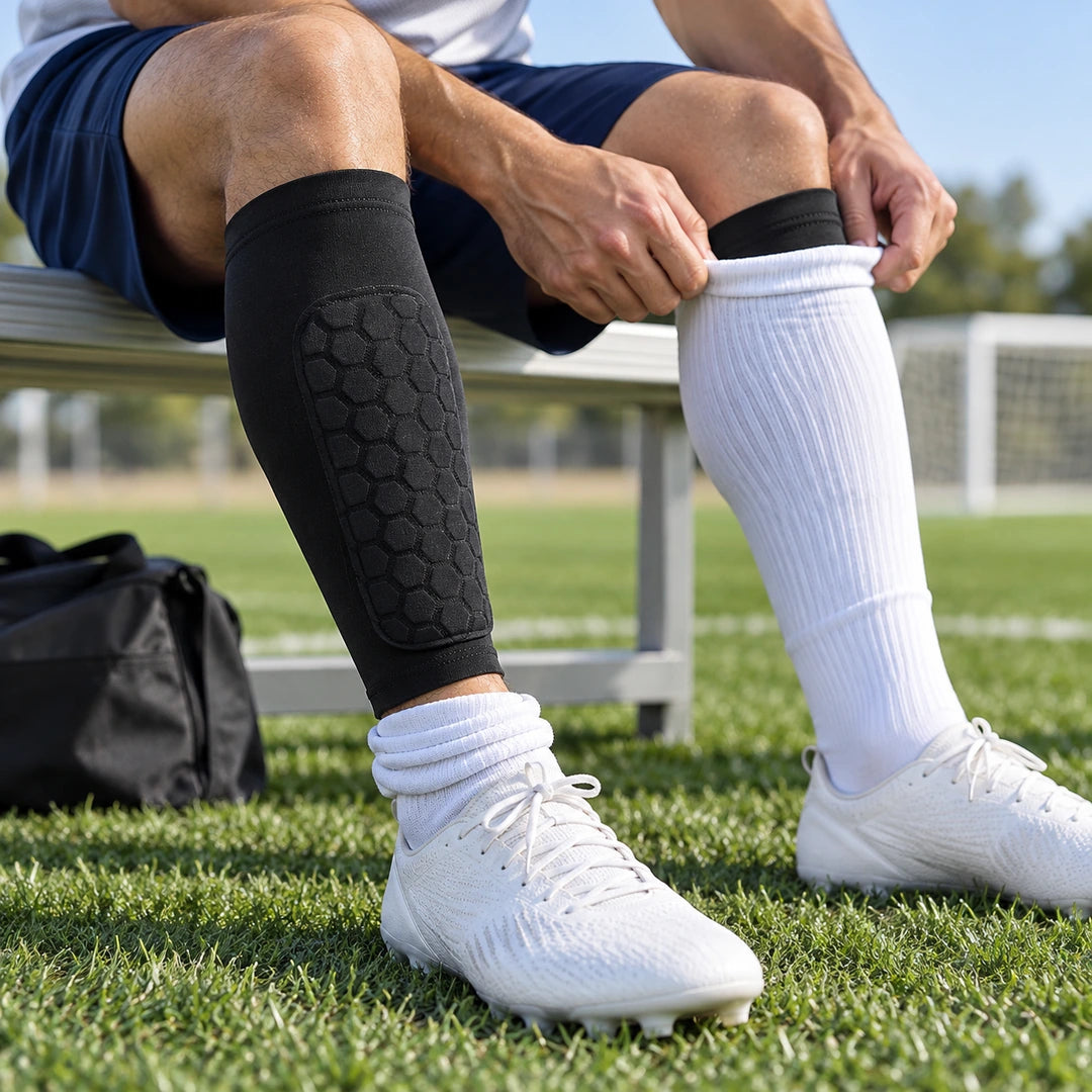 Jugador preparando sus mangas acolchadas bajo las medias deportivas