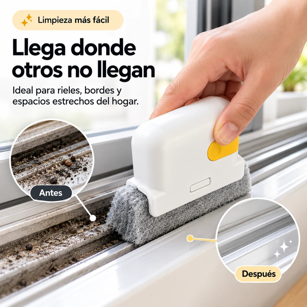 Limpiador de ranuras limpiando riel de ventana, demostración ilustrativa