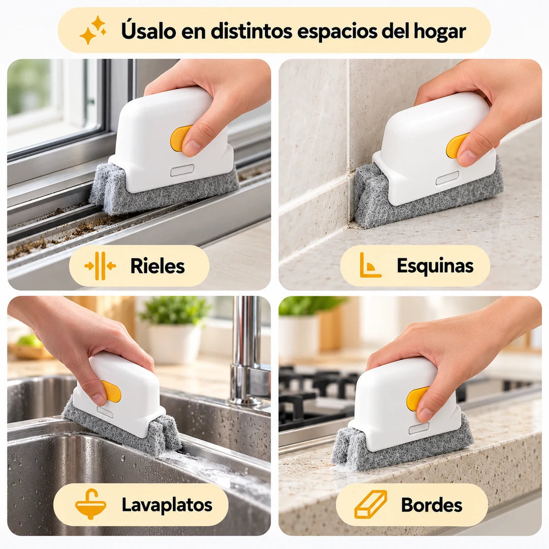 Aplicaciones del limpiador en rieles, esquinas, lavaplatos y bordes