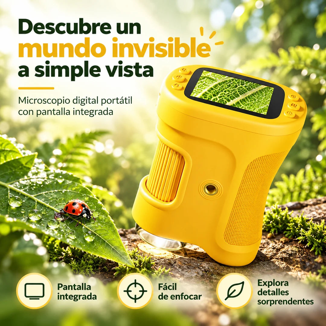 Microscopio digital portátil amarillo con pantalla integrada explorando una hoja