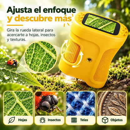 Rueda de enfoque del microscopio y ejemplos de observación de hojas, insectos y texturas