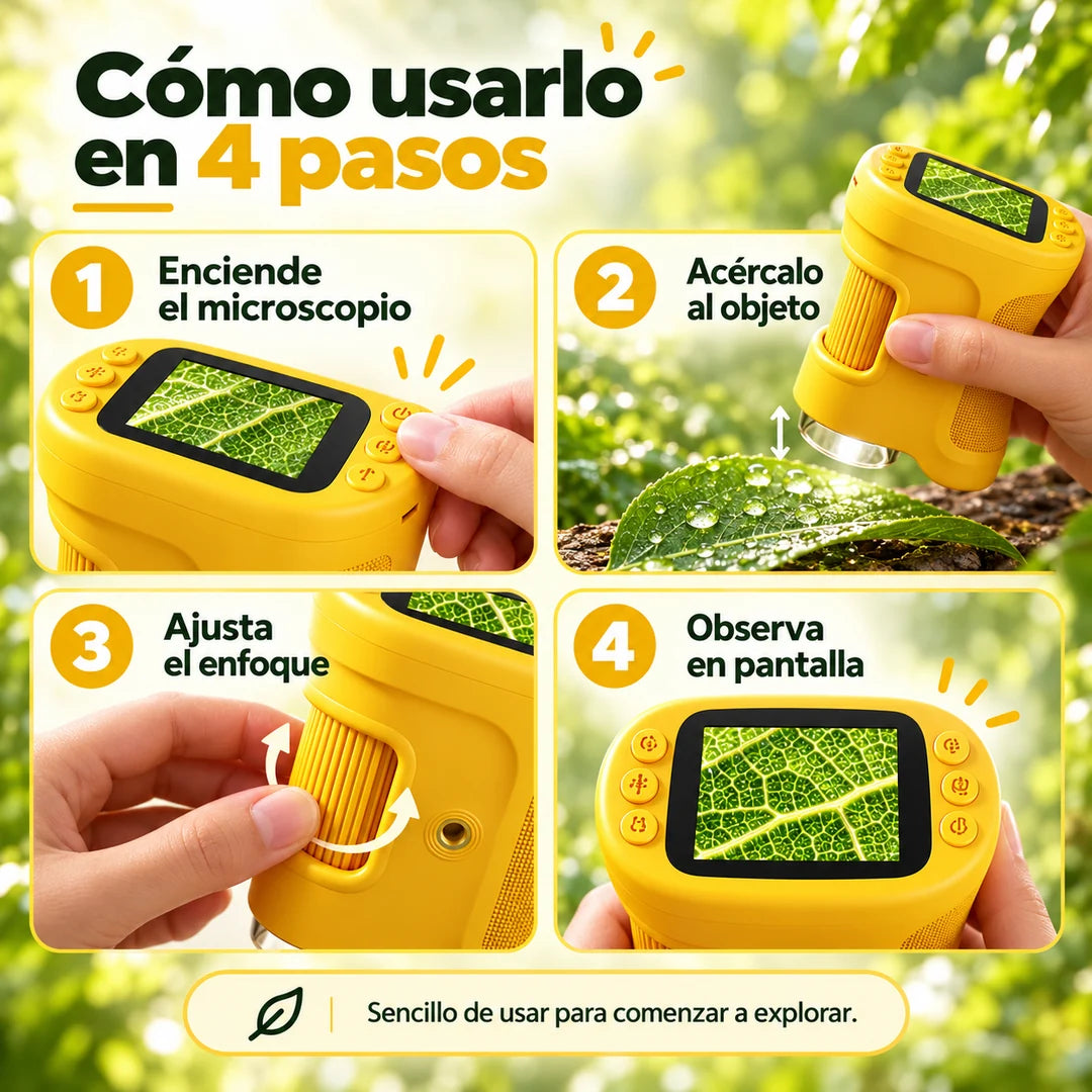 Guía visual de cuatro pasos para usar el microscopio portátil
