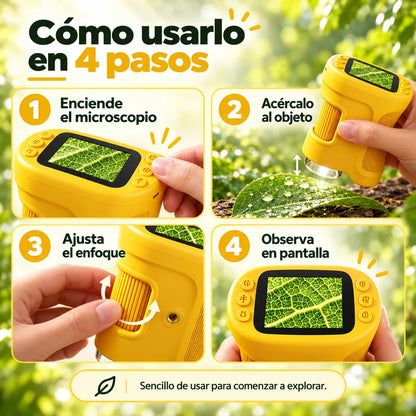 Guía visual de cuatro pasos para usar el microscopio portátil