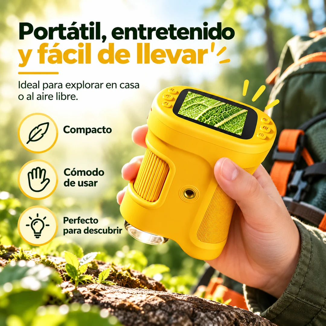 Microscopio digital amarillo de mano para explorar en casa o al aire libre