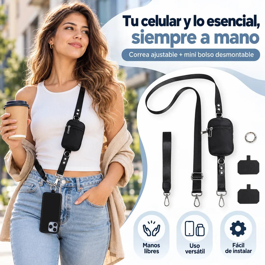 Correa multifuncional negra con mini bolso, uso cruzado