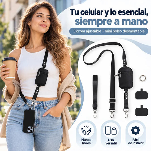 Correa multifuncional negra con mini bolso, uso cruzado
