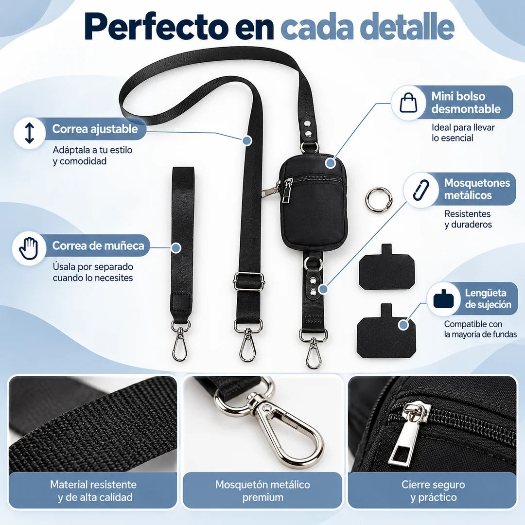 Componentes y detalles de la correa y bolso desmontable