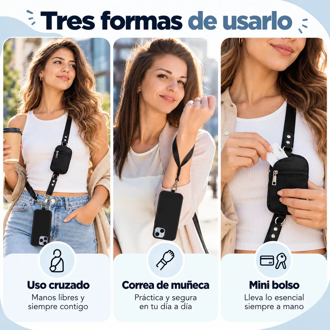 Tres formas de uso: crossbody, muñequera y mini bolso