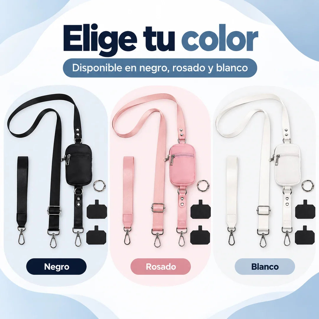 Correa y mini bolso en negro, rosado y blanco