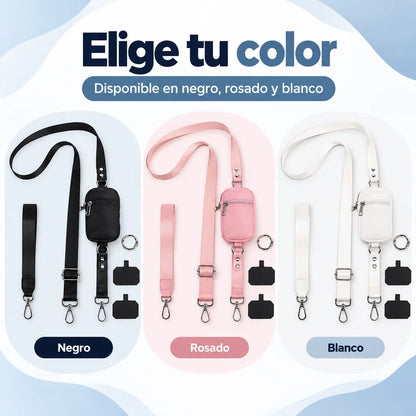 Correa y mini bolso en negro, rosado y blanco
