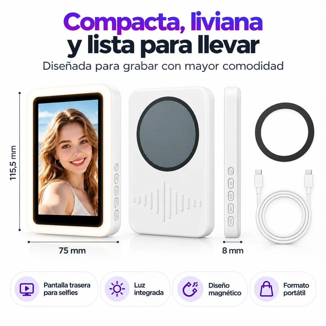 Dimensiones compactas del monitor selfie magnético