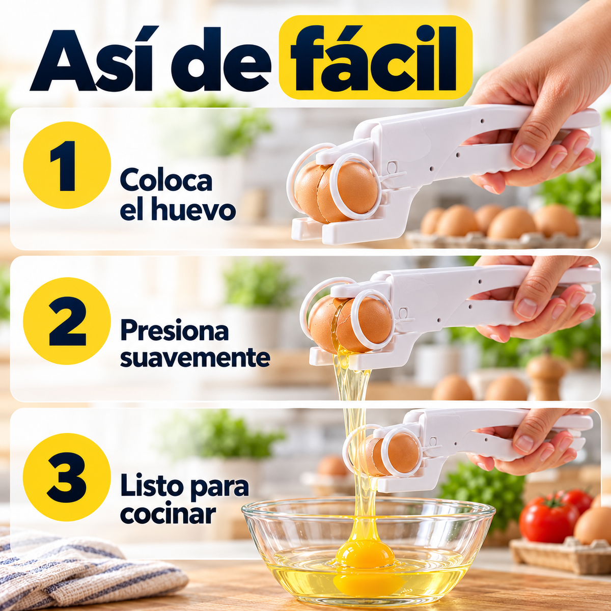 Cómo usar el rompehuevos manual: coloca el huevo, presiona y deja caer el contenido