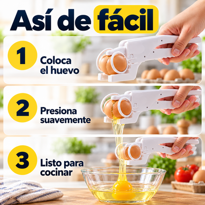 Cómo usar el rompehuevos manual: coloca el huevo, presiona y deja caer el contenido