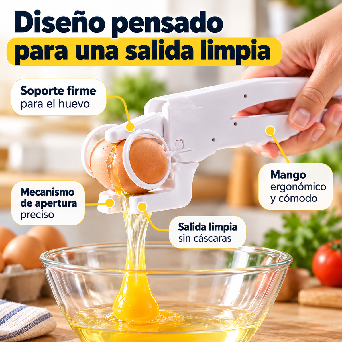 Detalle de las piezas y el mango del rompehuevos manual