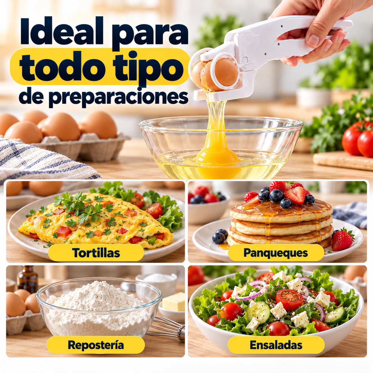 Uso del rompehuevos para preparar tortillas, panqueques y repostería