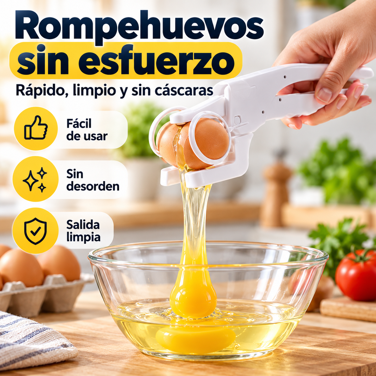 Rompehuevos manual blanco abriendo un huevo sobre un bol
